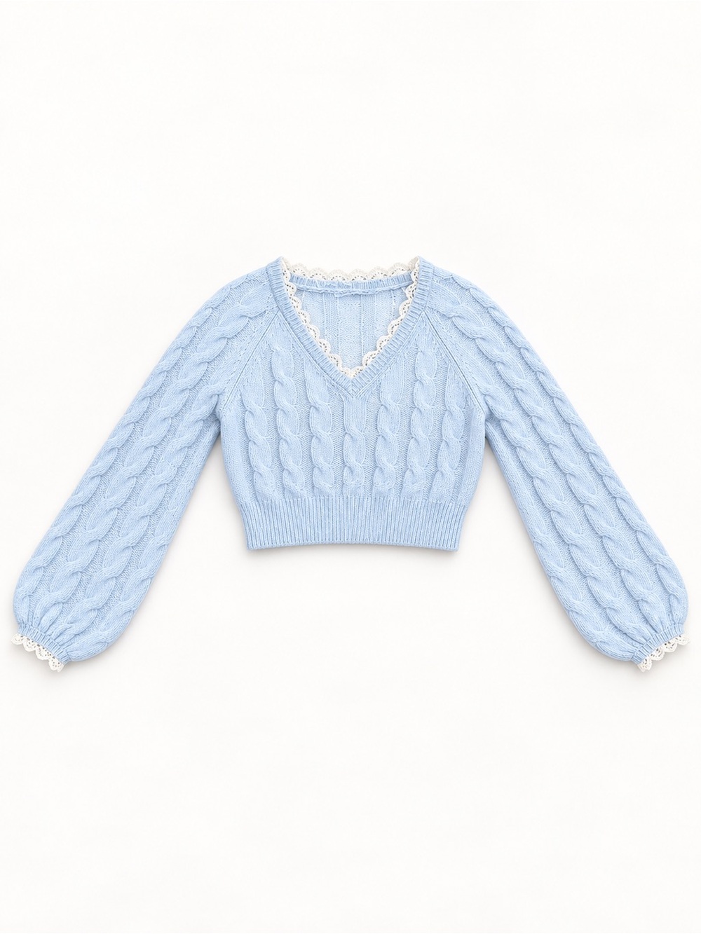 Alter’d State Light Blue Cable Knit V‑Neck Sweater with Lace Trim